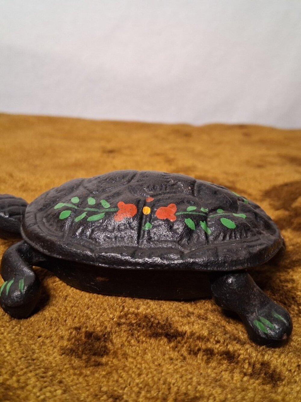 Vintage Wilton Cast Iron Turtle Trinket Box Hinged Black Painted Flowers Dish 4" - Picture 7 of 14
